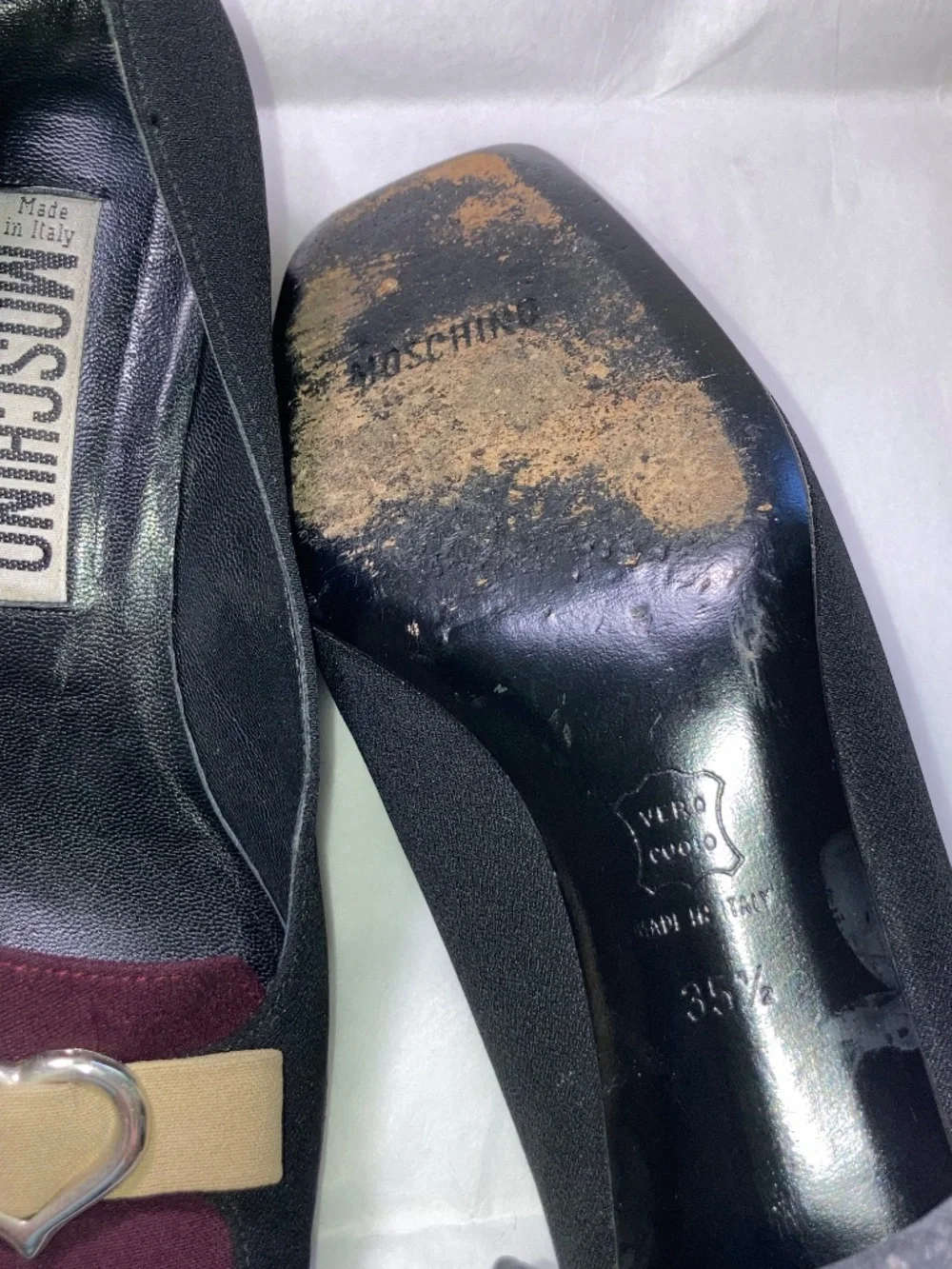Moschino S6 Low Block Heel w Sq Toe, Silver Heart Detail MultiColor Fabric Pumps